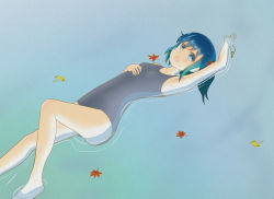 Rule 34 | 1girl, bananannu, bare legs, bare shoulders, blue eyes, blue hair, hair bobbles, hair ornament, jewelry, kawashiro nitori, key, key necklace, leaf, lying, lying on water, maple leaf, matching hair/eyes, necklace, no headwear, no headwear, on back, one-piece swimsuit, partially submerged, school swimsuit, short hair, short twintails, solo, swimsuit, touhou, twintails, water