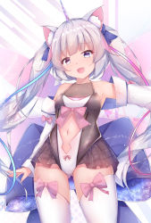 Rule 34 | 1girl, :d, animal ear fluff, animal ears, bare shoulders, black leotard, blue bow, blue ribbon, blush, bow, breasts, clothing cutout, commentary request, detached sleeves, fang, gluteal fold, hair bow, head tilt, heterochromia, highres, horns, leotard, long hair, long sleeves, navel, navel cutout, open mouth, original, pink bow, pink ribbon, purple eyes, ribbon, silver hair, single horn, small breasts, smile, solo, thighhighs, twintails, twiska (doubitian), very long hair, white sleeves, white thighhighs
