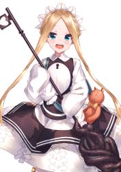 Rule 34 | 1girl, abigail williams (fate), abigail williams (festival outfit) (fate), absurdres, apron, black skirt, blonde hair, blouse, blue eyes, bow, braid, butterfly hair ornament, fate/grand order, fate (series), hair ornament, heroic spirit chaldea park outfit, highres, key, long hair, maid, maid apron, maid headdress, official alternate costume, open mouth, orange bow, parted bangs, shirt, simple background, skirt, sleeves past fingers, sleeves past wrists, smile, solo, stuffed animal, stuffed toy, teddy bear, teeth, upper teeth only, white background, white bow, white shirt, yuuki nao (pixiv10696483)
