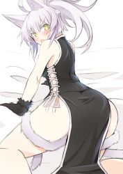 Rule 34 | 1girl, agrius metamorphosis, alternate costume, animal ear fluff, animal ears, ass, atalanta alter (fate), atalanta (fate), bed sheet, bent over, blush, braid, cat ears, cat tail, china dress, chinese clothes, dress, fate/apocrypha, fate/grand order, fate (series), from behind, grey hair, nahu, on bed, open mouth, side slit, tail, tail wrap, thighs, yellow eyes