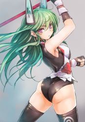 Rule 34 | 1girl, ass, bare shoulders, breasts, covered erect nipples, fingerless gloves, gloves, green hair, headgear, highres, long hair, looking at viewer, menou kaname (taishi), original, purple eyes, robot ears, simple background, solo, taishi (picchiridou), thighhighs