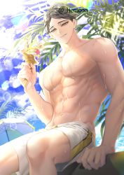 Rule 34 | 1boy, abs, bad id, bad twitter id, beach, bird, black hair, blue sky, cloud, commentary, day, food, haikyuu!!, hemoon, holding, holding food, ice cream, ice cream cone, looking at viewer, male focus, male swimwear, male underwear, navel, ocean, outdoors, palm tree, parasol, parted lips, pectorals, seagull, sitting, sky, smile, solo, summer, suna rintarou, swim trunks, swimsuit, symbol-only commentary, toned, toned male, topless male, tree, twitter username, umbrella, underwear, water, white male swimwear, white swim trunks