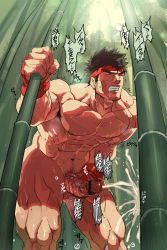 Rule 34 | 1boy, abs, bara, black hair, completely nude, cum, cum on male, erection, facial hair, gloves, highres, large pectorals, male focus, male masturbation, masturbation, muscular, nikism, nipples, nude, outdoors, pectorals, penis, ryu (street fighter), solo, street fighter, stubble, sweat, tagme, testicles, thighs, wince