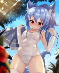 Rule 34 | 1girl, absurdres, animal ear fluff, animal ears, blue hair, blue sky, blue towel, breasts, collarbone, crescent, crescent necklace, day, earrings, elbow gloves, flower, gloves, gluteal fold, hair between eyes, highres, hoop earrings, hotel01, jewelry, leaf, light rays, looking at viewer, necklace, one-piece swimsuit, original, outdoors, pendant, ponytail, red eyes, red flower, school swimsuit, skirt, sky, small breasts, smile, sunbeam, sunlight, swimsuit, tail, thighhighs, thighs, towel, unworn jewelry, unworn necklace, unworn skirt, white one-piece swimsuit, white school swimsuit, white thighhighs, wolf ears, wolf tail