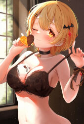 Rule 34 | 1girl, ;), absurdres, arched back, bat hair ornament, black bra, black choker, blonde hair, bra, breasts, chocolate, chocolate on body, chocolate on breasts, choker, cleavage, commentary request, curvy, double-parted bangs, fang, fang out, food, food on body, fruit, hair ornament, hairclip, hexagram, highres, hololive, indoors, lace, lace bra, looking at viewer, medium breasts, navel, one eye closed, orange (fruit), orange slice, ribbon, shirai soushichi, short hair, skin fang, smile, solo, stomach, swept bangs, underwear, underwear only, undressing, virtual youtuber, window, wrist ribbon, yellow eyes, yozora mel