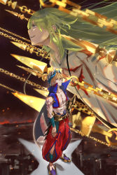 Rule 34 | 2boys, blonde hair, blood, blue vest, chain, closed mouth, enkidu (fate), enkidu (weapon) (fate), fate/grand order, fate (series), from side, gilgamesh, gilgamesh (caster) (fate), gilgamesh (fate), green eyes, green hair, hakama, hakama pants, highres, horns, japanese clothes, kdm (ke dama), kingu (fate), long hair, multiple boys, navel, open clothes, open vest, pants, profile, projected inset, red pants, robe, shoes, smile, standing, turban, vest, white robe