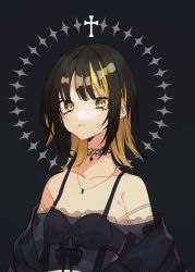 Rule 34 | 1girl, armpit crease, black background, black hair, black jacket, blonde hair, bra strap, choker, collarbone, crop top, cross patty, ear piercing, idolmaster, idolmaster shiny colors, ikaruga luca, jacket, jacket partially removed, jewelry, lace-trimmed choker, lace trim, looking away, multicolored hair, nagao (wao00oo), necklace, off-shoulder shirt, off shoulder, piercing, shirt, solo, streaked hair, sun symbol, upper body, yellow eyes