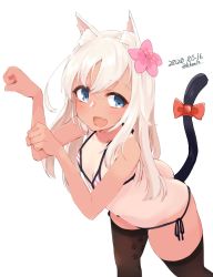 Rule 34 | 1girl, alakoala, animal ear fluff, animal ears, ass, bare arms, bare shoulders, bikini, black thighhighs, blue eyes, blush, bow, breasts, brown thighhighs, cat ears, cat girl, cat tail, commentary, fang, flower, hair between eyes, hair flower, hair ornament, highres, kantai collection, kemonomimi mode, long hair, looking at viewer, one-piece tan, open mouth, paw pose, ribbon, ro-500 (kancolle), side-tie bikini bottom, simple background, small breasts, smile, solo, swimsuit, symbol-only commentary, tail, tail bow, tail ornament, tail raised, tan, tanline, thighhighs