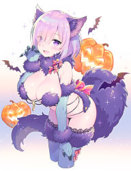 Rule 34 | 1girl, :d, alternate legwear, animal ears, bare shoulders, bat (animal), blue gloves, blue thighhighs, blush, bottomless, bow, breasts, claw pose, claws, cleavage, cropped legs, detached collar, elbow gloves, eyelashes, eyes visible through hair, fang, fate/grand order, fate (series), fur trim, gel (chiericyan), gloves, gradient background, hair over one eye, halloween, halloween costume, hand on own thigh, jack-o&#039;-lantern, lace, lace-trimmed legwear, lace trim, large breasts, leaning forward, looking at viewer, mash kyrielight, mash kyrielight (dangerous beast), o-ring, official alternate costume, open mouth, palms, pink bow, pumpkin, purple eyes, purple hair, revealing clothes, shiny skin, short hair, silhouette, smile, solo, sparkle, strap gap, striped, striped bow, tail, thighhighs, white background, wolf ears, wolf tail