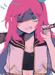 Rule 34 | 1girl, absurdres, aqua eyes, aqua headband, aubrey (faraway) (omori), aubrey (omori), baseball bat, black sailor collar, black shirt, clenched teeth, collarbone, colored inner hair, commentary, commentary request, constricted pupils, highres, holding, holding baseball bat, jacket, multicolored hair, nail, nail bat, navel, omori, partial commentary, pink hair, sailor collar, scared, shaded face, shirt, simple background, sippudayo, solo, teeth, white background, white jacket