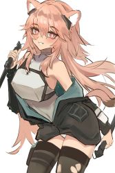 Rule 34 | 1girl, :d, absurdres, animal ear fluff, animal ears, arknights, armor, bare shoulders, black jacket, black thighhighs, blush, breastplate, bright pupils, cowboy shot, dagger, dual wielding, gravel (arknights), grin, highres, holding, holding dagger, holding knife, holding weapon, jacket, knife, leotard, leotard under clothes, long hair, long sleeves, looking at viewer, open clothes, open jacket, open mouth, orange eyes, parted lips, pink hair, shino duka, simple background, smile, solo, thighhighs, torn clothes, torn thighhighs, very long hair, weapon, white background, white leotard