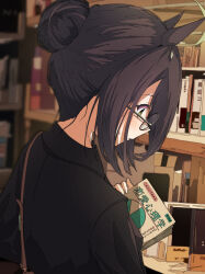 Rule 34 | 1girl, ahoge, animal ears, black hair, black jacket, blurry, blush, book, bookshelf, ci4, closed mouth, commentary request, depth of field, earrings, from behind, hair bun, highres, holding, holding book, horse ears, horse girl, jacket, jewelry, looking at object, manhattan cafe (umamusume), short hair, single earring, single hair bun, solo, sweatdrop, umamusume, upper body, white hair, yellow eyes
