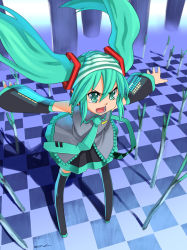 Rule 34 | 1girl, angry, aqua hair, hatsune miku, necktie, object on head, okina ika, panties, panties on head, solo, spring onion, striped clothes, striped panties, tears, thighhighs, twintails, underwear, vocaloid