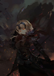 Rule 34 | 1girl, absurdres, armor, armored dress, black cape, black dress, blonde hair, bracer, breasts, cape, character name, commentary request, dress, fate/grand order, fate (series), glowing, glowing eyes, grey sky, headpiece, highres, holding, jeanne d&#039;arc (fate), jeanne d&#039;arc alter (avenger) (fate), jeanne d&#039;arc alter (fate), large breasts, looking at viewer, short hair, signature, sky, smile, smoke, solo, sparks, standing, sword, underbust, weapon, xiaoxiao, yellow eyes