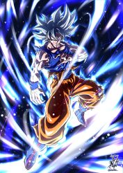 Rule 34 | 1boy, artist request, aura, battle damage, closed mouth, dougi, dragon ball, dragon ball super, highres, male focus, muscular, pants, serious, solo, son goku, topless male, torn clothes, torn pants, twitter username, ultra instinct, white hair