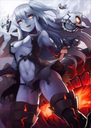 Rule 34 | 10s, 1girl, :d, abyssal ship, aircraft carrier princess, boots, breasts, colored skin, delta monster, dress, enemy aircraft (kancolle), grey skin, kantai collection, large breasts, long hair, looking down, navel, one side up, open mouth, red eyes, smile, solo, thigh boots, thighhighs, torn clothes, torn dress, underboob, white hair