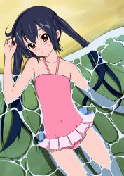 Rule 34 | 1girl, beach, black hair, blush, brown eyes, casual one-piece swimsuit, day, errant, flat chest, from above, hand in own hair, highres, k-on!, long hair, lying, nakano azusa, ocean, on back, one-piece swimsuit, outdoors, pink one-piece swimsuit, smile, solo, swimsuit, twintails, water, wet