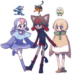 Rule 34 | 3girls, bird, black eyes, commentary, creature, creature and personification, creatures (company), game freak, gen 7 pokemon, glasses, light brown hair, litten, love-with---pizza, multiple girls, nintendo, open mouth, personification, pokemon, pokemon (creature), popplio, red hair, rowlet, short twintails, simple background, standing, starter pokemon trio, symbol-only commentary, twintails, walking, white background