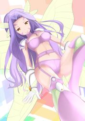 Rule 34 | 1girl, armor, boots, bra, breasts, digimon, digimon (creature), facepaint, facial mark, fairimon, fairy, fairy wings, female focus, foot out of frame, garter belt, garter straps, gloves, headband, jmc, legs, looking at viewer, lying, monster girl, navel, on back, panties, purple bra, purple eyes, purple panties, revealing clothes, shoulder armor, smile, solo, strapless, strapless bra, thigh boots, thighhighs, underwear, wings, yellow eyes