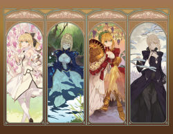 Rule 34 | 10s, 4girls, ahoge, armor, armored boots, art nouveau, artist request, artoria pendragon (all), artoria pendragon (fate), blonde hair, boots, closed eyes, dress, epaulettes, fate/extra, fate/grand order, fate (series), flower, food, fruit, gauntlets, grapes, green eyes, highres, looking at viewer, multiple girls, nero claudius (fate), nero claudius (fate) (all), nero claudius (fate/extra), noco (adamas), one eye covered, open mouth, pauldrons, ponytail, saber (fate), saber alter, saber lily, seasons, shoulder armor, sitting, sitting on water, smile, standing, winter, wreath, yellow eyes