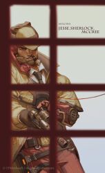Rule 34 | 1boy, artist name, belt, black belt, brown coat, brown gloves, cassidy (overwatch), coat, collared shirt, english text, et.m, facial hair, gloves, gun, hat, holding, holding gun, holding weapon, male focus, mechanical arms, necktie, open clothes, open coat, overwatch, overwatch 1, pants, phone, red pants, shirt, single glove, single mechanical arm, smoking pipe, solo, teeth, weapon, white shirt