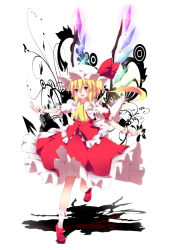 Rule 34 | 1girl, ascot, bad id, bad pixiv id, blonde hair, blush, bow, dress, embodiment of scarlet devil, fang, female focus, flandre scarlet, glowing, glowing wings, hat, hat ribbon, kurono yuzuko, open mouth, outstretched arms, red eyes, revision, ribbon, shadow, shirt, short hair, side ponytail, skirt, skirt set, smile, solo, touhou, vest, wings, wrist cuffs
