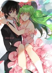 Rule 34 | 1boy, 1girl, :o, balloon, bare shoulders, black hair, black jacket, bow, bracelet, c.c., carrying, code geass, collared shirt, creayus, dress, feet out of frame, gloves, green hair, hair bow, jacket, jewelry, lelouch vi britannia, long hair, looking at another, necktie, pink dress, pink neckwear, princess carry, purple eyes, shirt, smile, striped, striped bow, tuxedo, white gloves, white shirt, wing collar, yellow eyes