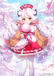 Rule 34 | 1girl, absurdres, animal ears, apple caramel, artist name, brown jacket, chestnut mouth, commentary request, dress, drill hair, flower, frills, heart, highres, holding, jacket, leaf, long hair, looking at viewer, official art, original, outdoors, pink flower, pink hair, pink rose, red dress, red eyes, rose, solo, thighhighs, twin drills, very long hair, white hair, white thighhighs