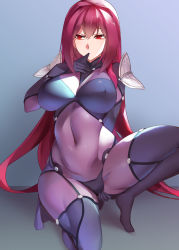 Rule 34 | 1girl, armor, bad id, bad pixiv id, biting, bodysuit, breasts, covered erect nipples, covered navel, fate/grand order, fate (series), glove biting, gloves, hair between eyes, kneeling, large breasts, long hair, looking away, on one knee, pauldrons, purple bodysuit, purple hair, red eyes, scathach (fate), shoulder armor, solo, thighs, very long hair, yostxxx