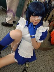 Rule 34 | 1girl, apron, asian, blue eyes, blue gloves, blue hair, blue socks, boots, collar, color contacts, cosplay, cross, cuffs, dutch angle, eyepatch, gloves, handcuffs, ikkitousen, indoors, kneehighs, looking at viewer, maid, maid apron, namada, on floor, photo (medium), puffy short sleeves, puffy sleeves, reflection, ryomou shimei, ryomou shimei (cosplay), short sleeves, sitting, socks, solo focus