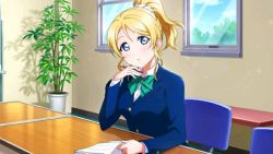 Rule 34 | 1girl, :o, artist request, ayase eli, blonde hair, blue cardigan, blue eyes, blue jacket, blush, bow, bowtie, breasts, cardigan, chair, collared shirt, elbow on table, female focus, green bow, hair between eyes, hair ornament, hair scrunchie, holding, holding pencil, indoors, jacket, long hair, long sleeves, looking at viewer, love live!, love live! school idol project, medium breasts, on chair, otonokizaka school uniform, parted lips, pencil, pleated skirt, ponytail, school uniform, scrunchie, shirt, short sleeves, sitting, skirt, smile, solo, striped, striped bow, table, white scrunchie, white shirt, window