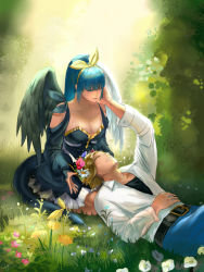 Rule 34 | 1boy, 1girl, absurdres, asymmetrical wings, belt, black dress, blonde hair, blue eyes, blue hair, breasts, closed mouth, couple, detached sleeves, dizzy (guilty gear), dress, closed eyes, flower, forest, guilty gear, guilty gear 2, hair ribbon, highres, husband and wife, jadealike, kneeling, ky kiske, large breasts, long hair, lying, nature, ponytail, ribbon, seiza, shirt, sitting, smile, sunlight, tail, tail ornament, tail ribbon, white shirt, wings