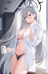 Rule 34 | 1girl, absurdres, animal ears, blue archive, blue eyes, breasts, coffee, cup, grey hair, highres, large breasts, long hair, looking at viewer, morning, nacho (nacho 1103), navel, no bra, open clothes, open shirt, shiroko (blue archive), shiroko terror (blue archive), shirt, solo, very long hair, white shirt, wolf ears