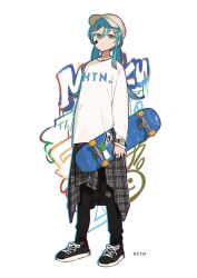 Rule 34 | 1girl, bandaid, bandaid on face, baseball cap, black footwear, black pants, blue eyes, blue hair, checkered clothes, checkered skirt, closed mouth, denim, full body, graffiti, hair between eyes, hair ornament, hairclip, hassan (sink916), hat, hatsune miku, highres, holding, holding skateboard, jeans, jewelry, long hair, long sleeves, looking at viewer, multicolored eyes, necklace, official art, pants, ring, shirt, shoes, simple background, skateboard, skirt, sleeves past wrists, sneakers, solo, standing, tachi-e, torn clothes, torn jeans, torn pants, twintails, vocaloid, watch, white background, white shirt, wristwatch, yellow eyes
