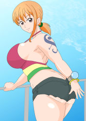 Rule 34 | 1girl, ass, bare shoulders, blush, breasts, butt crack, dimples of venus, huge breasts, jewelry, large breasts, long hair, looking at viewer, naked towel, nami (one piece), nipples, one piece, open mouth, orange hair, see-through, short shorts, shorts, tattoo, towel