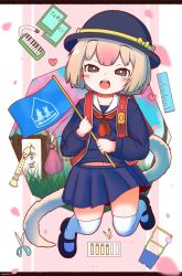 Rule 34 | 1girl, :d, anteater tail, backpack, bad id, bad pixiv id, bag, black eyes, blonde hair, blue skirt, bob cut, cherry blossoms, commentary request, crayon, crime prevention buzzer, flag, flute, full body, gradient hair, grass, hat, heart, highres, instrument, kemono friends, looking at viewer, multicolored hair, open mouth, petals, pink hair, rakugakiraid, recorder, sailor collar, school uniform, scissors, short hair, silky anteater (kemono friends), simple background, skirt, smile, solo, thighhighs, white thighhighs