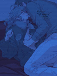 1boy 1girl blush breasts couple curly_hair cushion dark facing_back grabbing_another&#039;s_breast groping guel_jeturk gundam gundam_suisei_no_majo highres ivy_hermit jacket leaning_back leaning_forward leaning_on_object leaning_on_person long_hair long_sleeves looking_to_the_side lying nipples open_clothes open_jacket open_mouth pants suletta_mercury