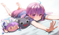 Rule 34 | 1girl, ahoge, alternate costume, barefoot, bed sheet, blue hair, blue shirt, blush, braid, casual, character doll, closed mouth, commentary, foreshortening, full body, hair between eyes, highres, hololive, light blue hair, long hair, looking at viewer, lying, minato aqua, multicolored hair, neko (minato aqua), on stomach, outstretched arms, pink shorts, purple eyes, purple hair, shirt, short sleeves, shorts, simple background, smile, soles, solo, streaked hair, stretching, summer tail720, twintails, two-tone hair, virtual youtuber, white background