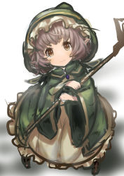 Rule 34 | 10s, 1girl, bad id, bad pixiv id, blush, brown eyes, brown footwear, dress, frilled dress, frills, from above, full body, granblue fantasy, grey hair, hood, long sleeves, looking at viewer, looking up, minigob, o (rakkasei), pointy ears, shadow, shingeki no bahamut, shoes, short hair, simple background, solo, staff, standing, tareme, wavy mouth, white background, white dress, wide sleeves