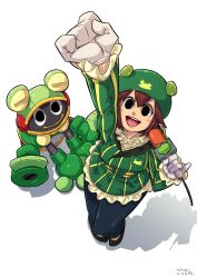 Rule 34 | 1girl, arm up, black eyes, blush, blush stickers, brown hair, capcom, coat, frog, from above, full body, gloves, green coat, hair between eyes, hat, holding, holding microphone, mega man (series), mega man battle network, mega man battle network (series), mega man battle network 5, microphone, netnavi, occultgarage53, open mouth, pinky out, ribitta (mega man), short hair, simple background, smile, toadman.exe, white background, white gloves