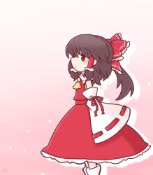 Rule 34 | 1girl, 216, bow, brown hair, collared shirt, detached sleeves, frilled bow, frilled hair tubes, frilled skirt, frills, from side, hair bow, hair tubes, hakurei reimu, long skirt, looking at viewer, medium hair, neckerchief, red bow, red eyes, red skirt, red vest, ribbon-trimmed sleeves, ribbon trim, sarashi, shirt, skirt, sleeveless, socks, standing, touhou, vest, white socks, yellow neckerchief