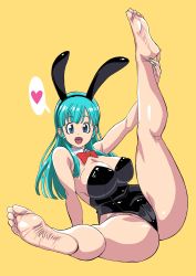 Rule 34 | 1girl, absurdres, alternate breast size, animal ears, aqua hair, arm support, ass, bare legs, bare shoulders, barefoot, black leotard, blue eyes, blue hair, blush, bow, bowtie, breasts, bulma, cameltoe, cleavage, detached collar, dragon ball, dragon ball (classic), fake animal ears, feet, feet up, flexible, heart, highleg, highleg leotard, highres, huge ass, large breasts, legs, legs up, leotard, long hair, looking at viewer, makinaru, open mouth, playboy bunny, rabbit ears, shiny clothes, shiny skin, sitting, smile, soles, solo, strapless, strapless leotard, toes, wide hips, wrist cuffs