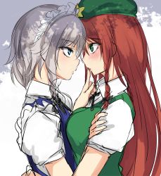 Rule 34 | 2girls, asymmetrical docking, bad id, bad pixiv id, beret, black ribbon, blue dress, blue eyes, blush, braid, breast press, breasts, dress, eye contact, finger to another&#039;s mouth, from side, green eyes, green headwear, green vest, hair between eyes, hat, hong meiling, izayoi sakuya, large breasts, long hair, looking at another, maid, maid headdress, momendoufu, multiple girls, neck ribbon, parted lips, profile, puffy short sleeves, puffy sleeves, red hair, ribbon, shirt, short hair, short sleeves, silver hair, sketch, star (symbol), touhou, twin braids, upper body, very long hair, vest, white background, white shirt, yuri