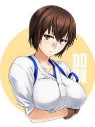Rule 34 | 1girl, akito (sub707), alternate hairstyle, breasts, brown eyes, brown gloves, brown hair, gloves, highres, japanese clothes, kaga (kancolle), kantai collection, large breasts, short hair, solo, tasuki, upper body