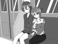 Rule 34 | !, 2girls, bare shoulders, bike shorts, blush, breasts, cellphone, cleavage, closed eyes, collarbone, denim, door, female focus, greyscale, hair between eyes, halcyon (halcyon90), hand in pocket, hand up, holding, holding phone, hood, hoodie, jeans, legs together, looking at viewer, monochrome, multiple girls, off shoulder, open mouth, original, pants, phone, shirt, short hair, sitting, sleeping, small breasts, train interior, window