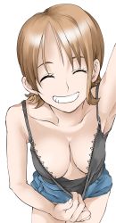Rule 34 | 1girl, alternate hair color, armpits, bare shoulders, breasts, brown hair, cleavage, cleavage reach, downblouse, elf (stroll in the woods), closed eyes, grin, heart, leaning forward, medium breasts, nami (one piece), no bra, one piece, parted lips, short hair, shorts, simple background, smile, solo, sweat, tank top, teeth, textless version, white background