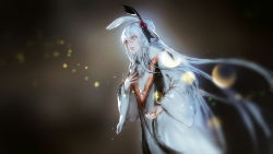 Rule 34 | 1girl, animal ears, bad id, bad pixiv id, black background, blurry, bokeh, commentary, depth of field, eleanor forte, hair ornament, hand on own chest, jay ash, long hair, rabbit ears, robe, solo, standing, synthesizer v, upper body, very long hair, white hair, white robe, wide sleeves