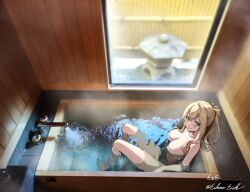Rule 34 | 1girl, alternate hairstyle, bath, bathing, bathtub, blonde hair, blue eyes, blush, breasts, completely nude, eckert&amp;eich, female focus, from above, indoors, kantai collection, large breasts, long hair, looking at viewer, nude, one-hour drawing challenge, partially submerged, photo background, ponytail, signature, sitting, smile, solo, steam, twitter username, warspite (kancolle), water, wet