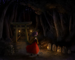 Rule 34 | 1girl, arinu, candle, flower, forest, glowing, glowing eyes, hair flower, hair ornament, hieda no akyuu, highres, japanese clothes, kimono, long sleeves, nature, night, path, purple eyes, purple hair, red eyes, road, solo, stairs, statue, torii, touhou, wide sleeves