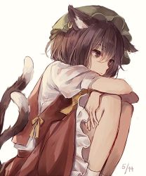 Rule 34 | 1girl, animal ear fluff, animal ears, bow, bowtie, brown eyes, brown hair, cat ears, cat tail, chen, dated, dress, earrings, expressionless, feet out of frame, hair between eyes, hat, jewelry, knees up, looking ahead, m (neteitai10), mob cap, multiple tails, nekomata, petticoat, puffy short sleeves, puffy sleeves, red dress, short hair, short sleeves, simple background, sitting, solo, tail, touhou, two tails, white background, yellow bow, yellow bowtie